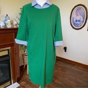 Talbots • Kelly Green Preppy Polo Knit Shift Dress • Striped Collar & Cuffs Sz M